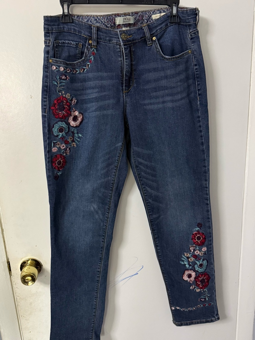 Vintage America Dark Blue Skinny Jeans with Multicolor Floral Embroidery